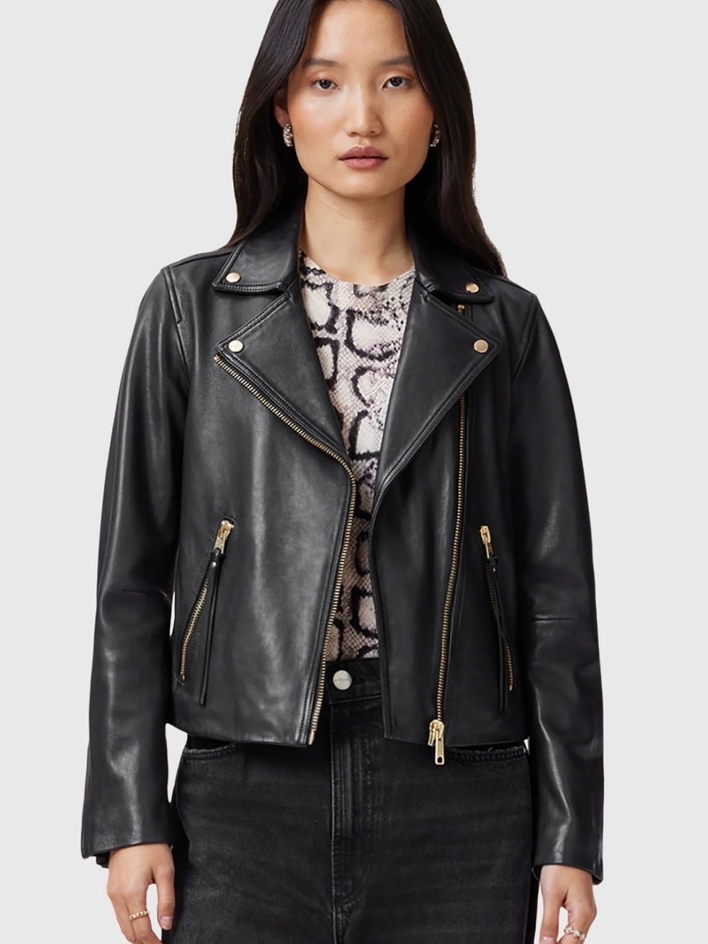 All Saints Black Leather Biker Jacket with Gold Hardware Accents - Picture 13 of 15